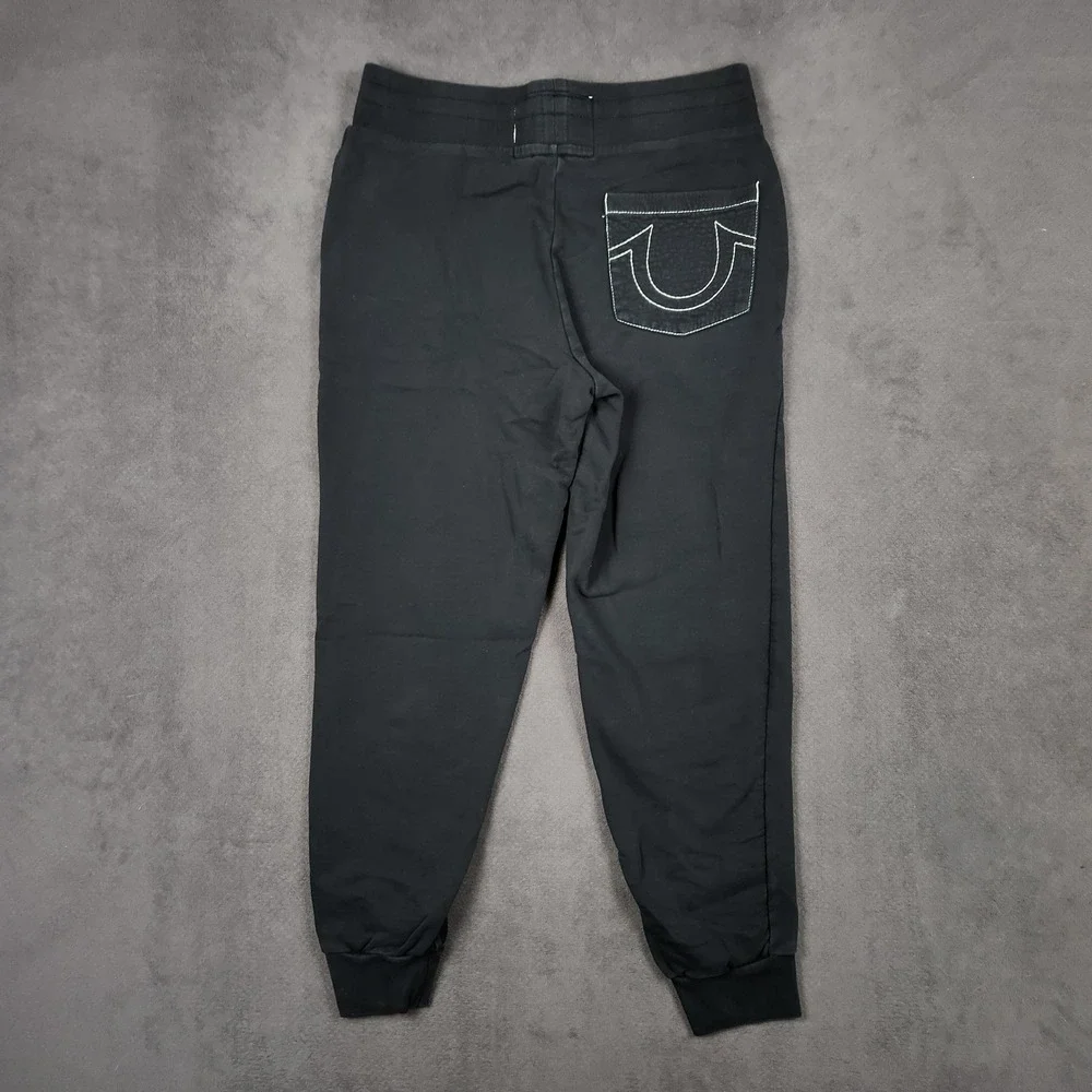 True Religion Jogger Sweatpants Mens Small Black Contrast Stitch Horseshoe Logo